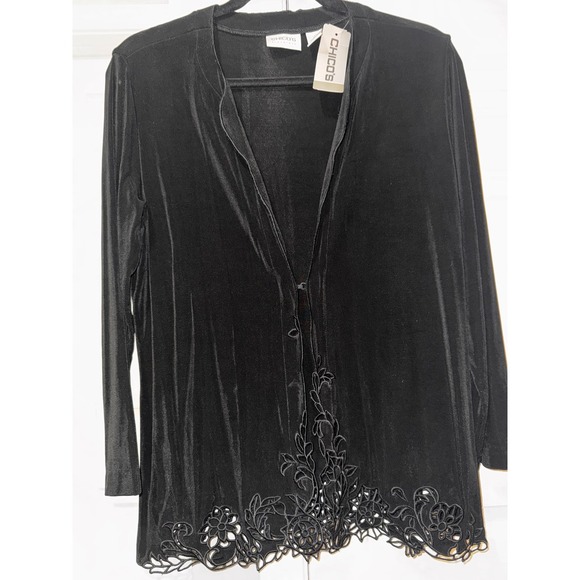 Chicos Travelers Black Garden Grove Laser Cut Floral Trim Jacket Size 1 - Picture 3 of 10